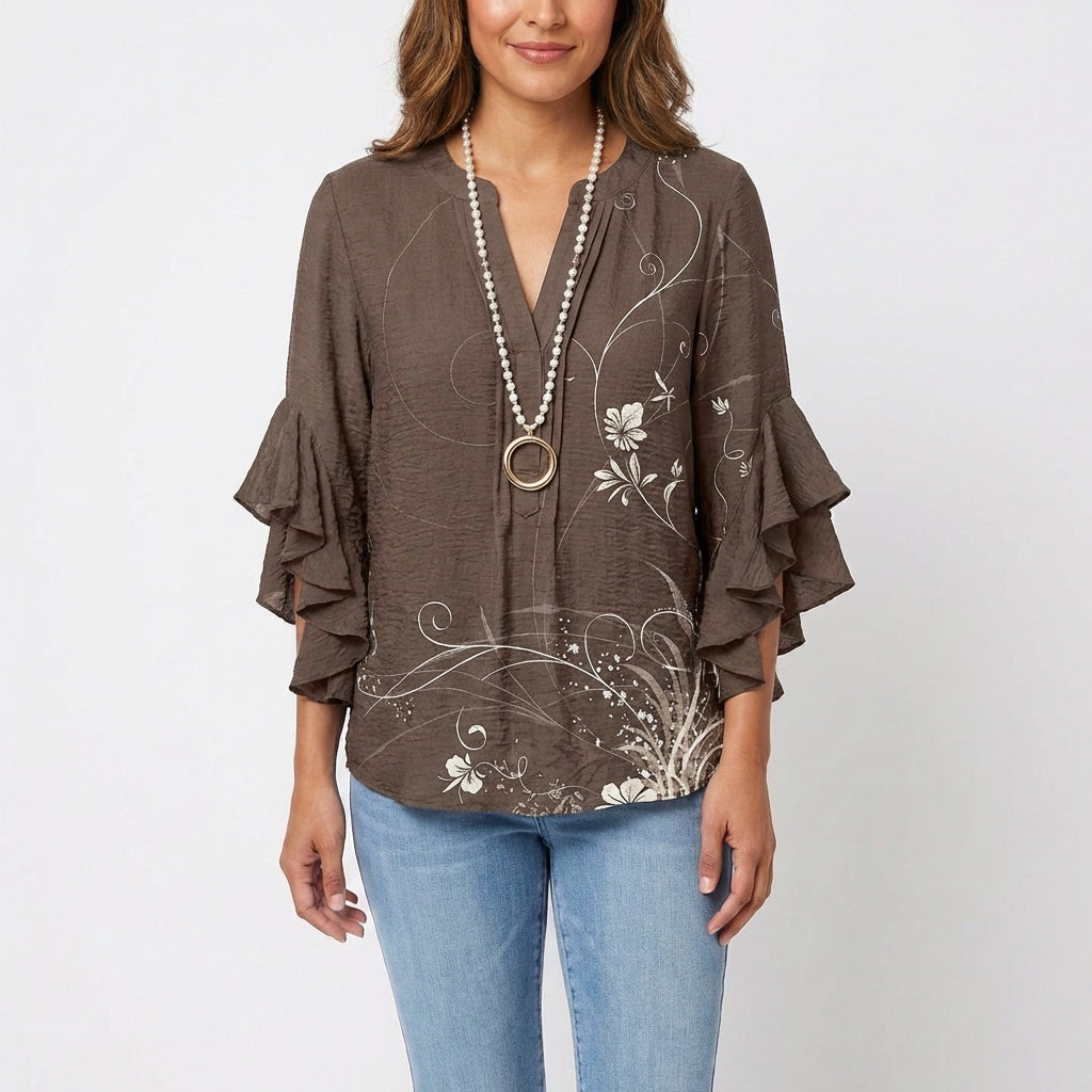 Wren | Women's Cotton Baroque Floral Ruffle Sleeve V-Neck Blouse