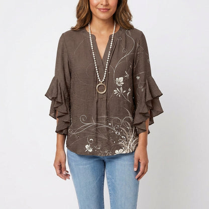 Wren | Women's Cotton Baroque Floral Ruffle Sleeve V-Neck Blouse