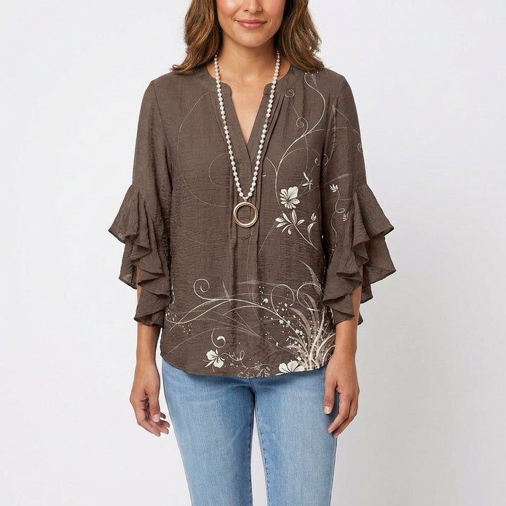 Wren | Women's Cotton Baroque Floral Ruffle Sleeve V-Neck Blouse