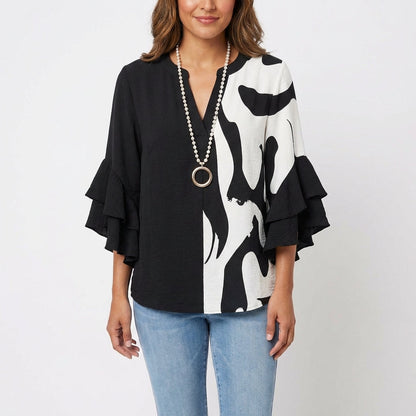 Wren | Women's Cotton Baroque Floral Ruffle Sleeve V-Neck Blouse