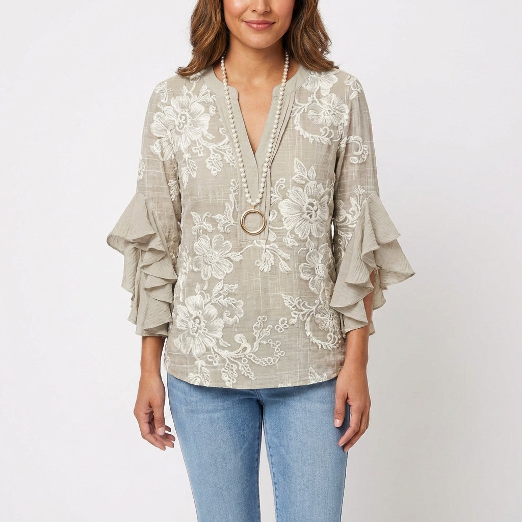 Wren | Women's Cotton Baroque Floral Ruffle Sleeve V-Neck Blouse