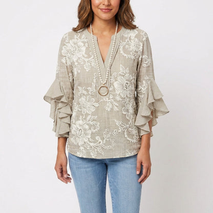 Wren | Women's Cotton Baroque Floral Ruffle Sleeve V-Neck Blouse