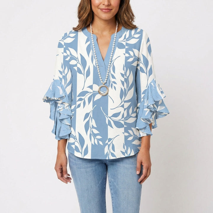Wren | Women's Cotton Baroque Floral Ruffle Sleeve V-Neck Blouse