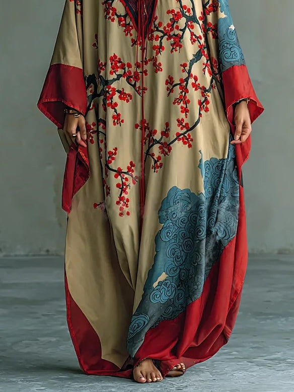 Maxivestido japonés con estampado de flores de ciruelo rojo y mangas murciélago