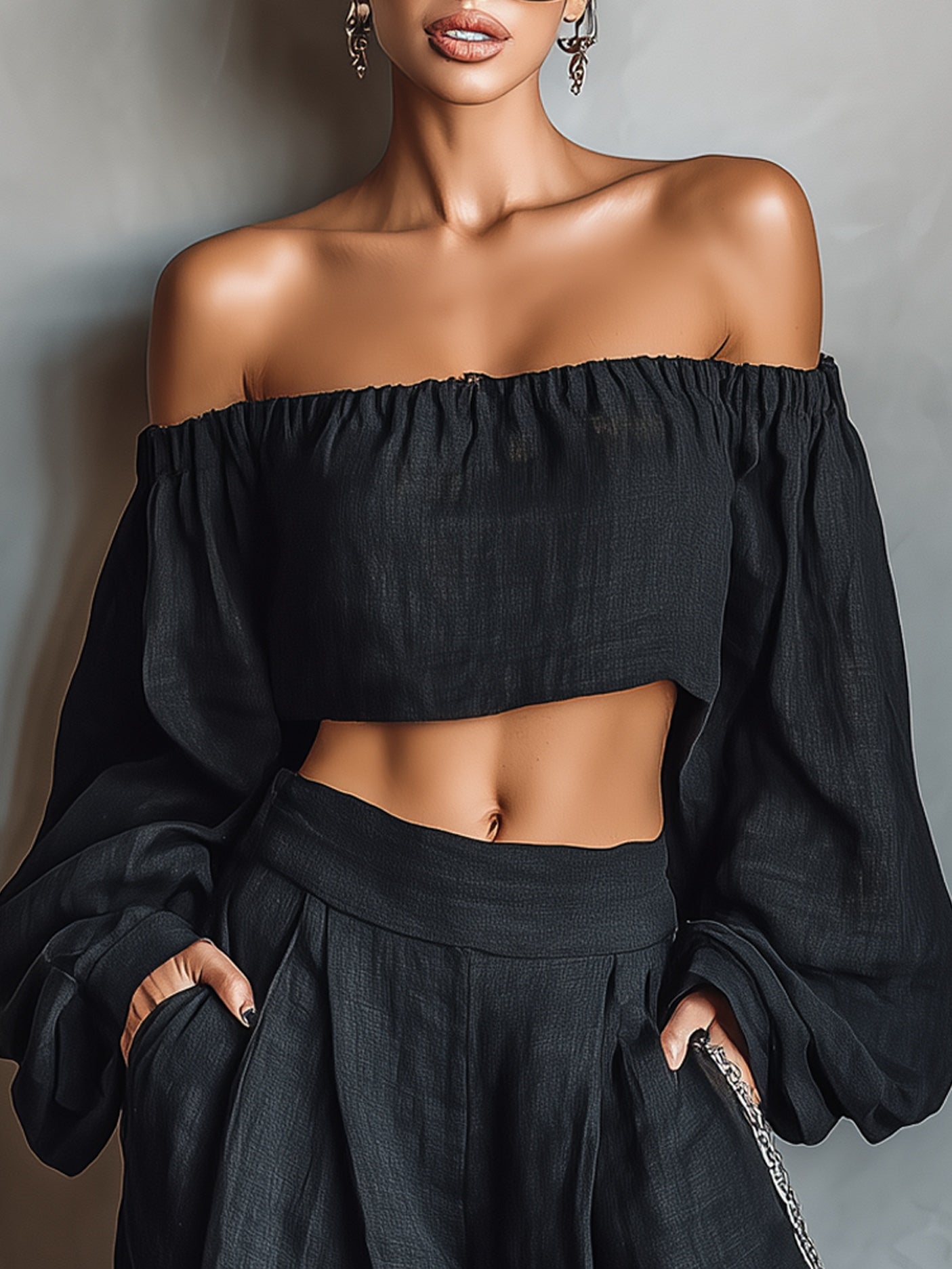 Aisha | Linen-Blend Strapless-Style Top & Wide-Leg Pants Set