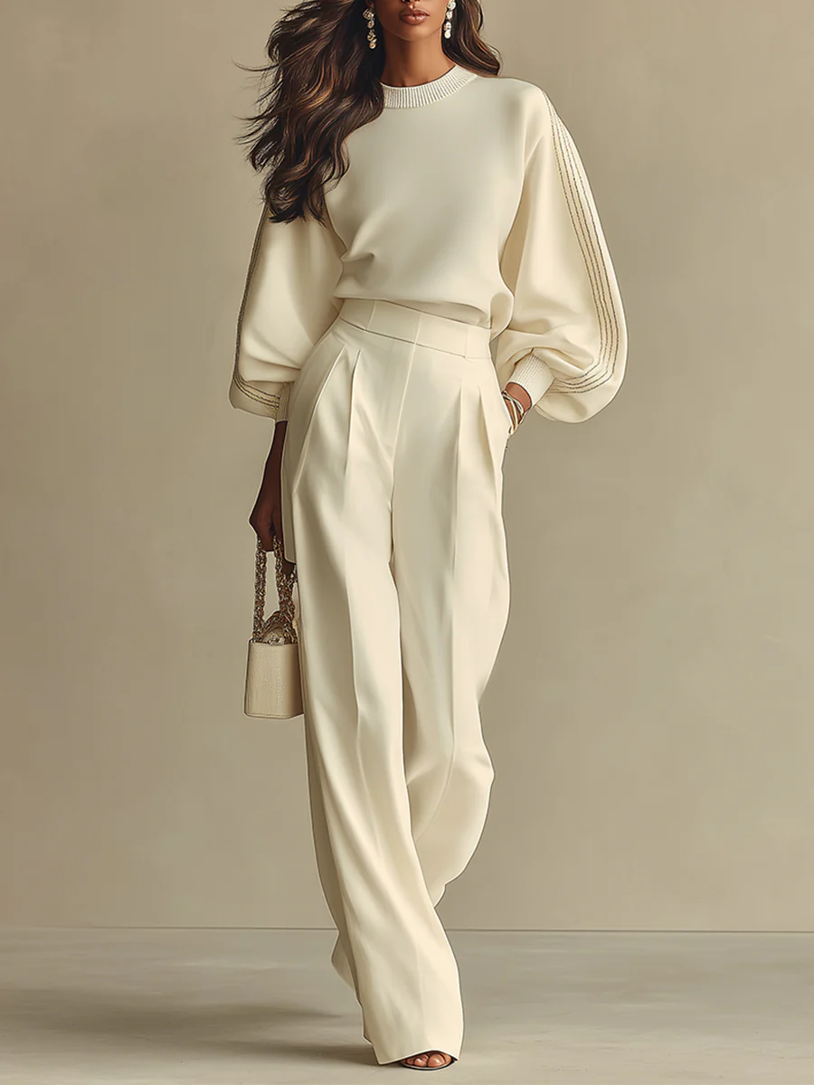 Aisha | Ribbed Knit Top & High-Waist Wide-Leg Pants Set