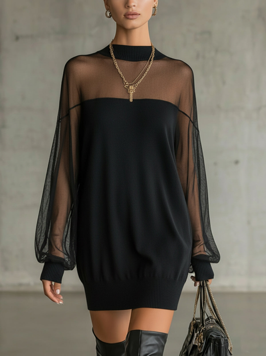 Amélie | Elegant Black Mini Dress with Mesh Sleeves