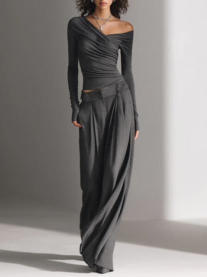 Jasmine | Charcoal Textured Off-Shoulder Top & Wide-Leg Pants Set