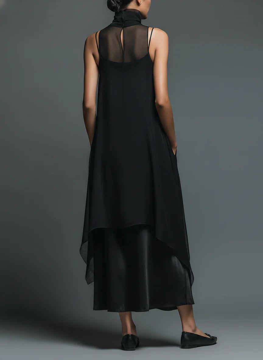 Monica | Faux Acetate Slip Dress with Chiffon Overlay