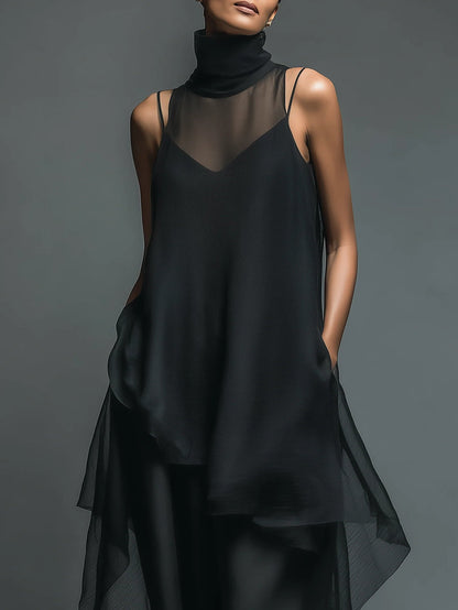 Monica | Faux Acetate Slip Dress with Chiffon Overlay