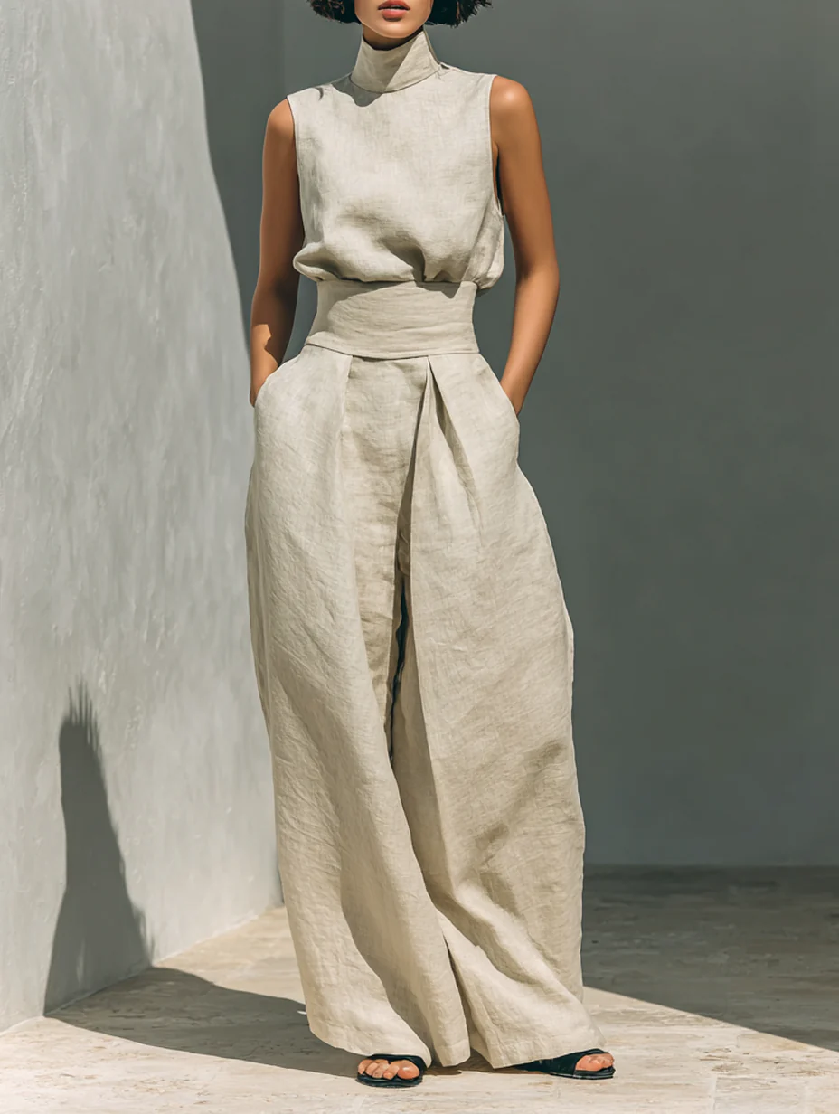 Aurora | Set consisting of a sleeveless beige top in a cotton-linen blend and wide-leg pants