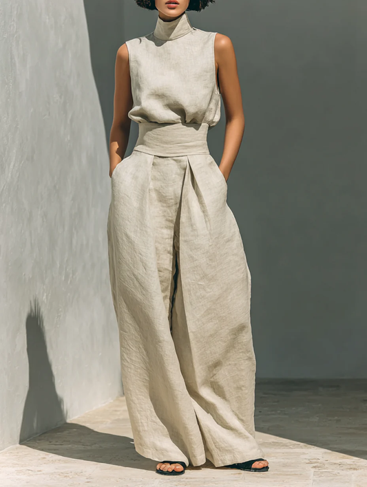 Aurora | Set consisting of a sleeveless beige top in a cotton-linen blend and wide-leg pants