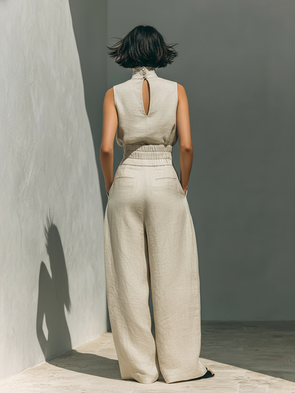 Aurora | Set consisting of a sleeveless beige top in a cotton-linen blend and wide-leg pants