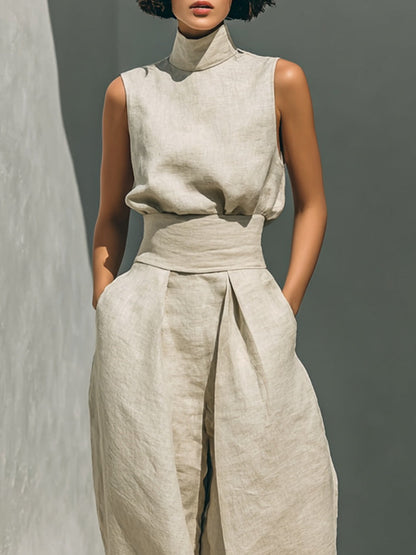 Aurora | Set consisting of a sleeveless beige top in a cotton-linen blend and wide-leg pants