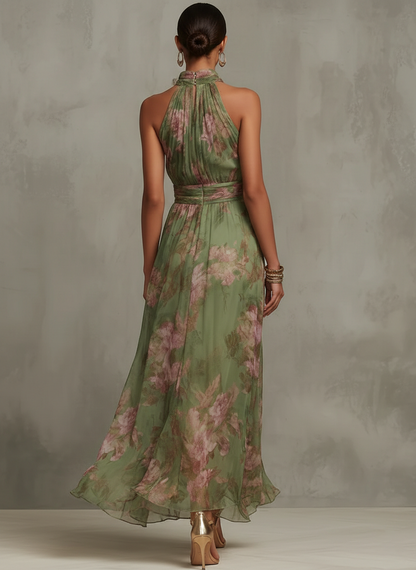 Serena - Long floral green chiffon dress with halter neckline