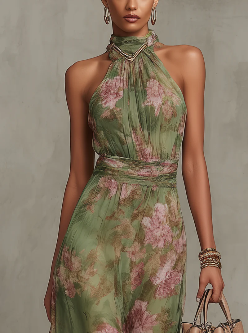 Ruth ∙ Long green floral dress with halter neck