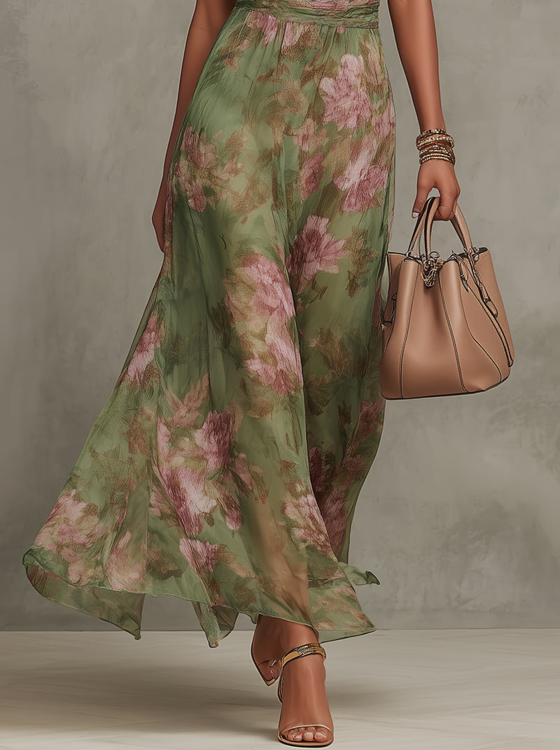 Serena - Long floral green chiffon dress with halter neckline