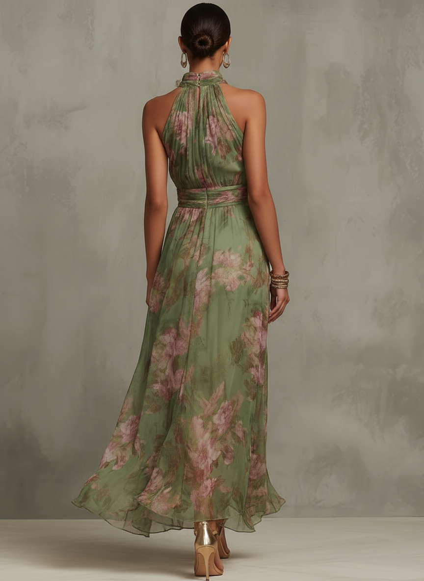 Ruth ∙ Long green floral dress with halter neck