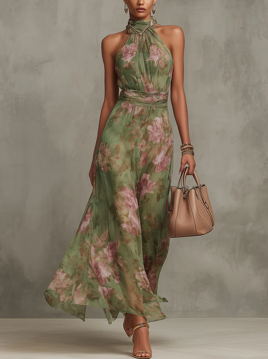 Florence | Green Floral Halter Maxi Dress