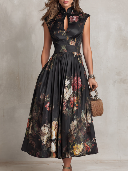 Violetta - Black Midi Dress in Pleated Satin with Floral Pattern and Keyhole Neckline