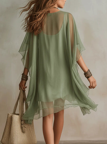 Green Chiffon V-neck Layered Flowy Mini Dress