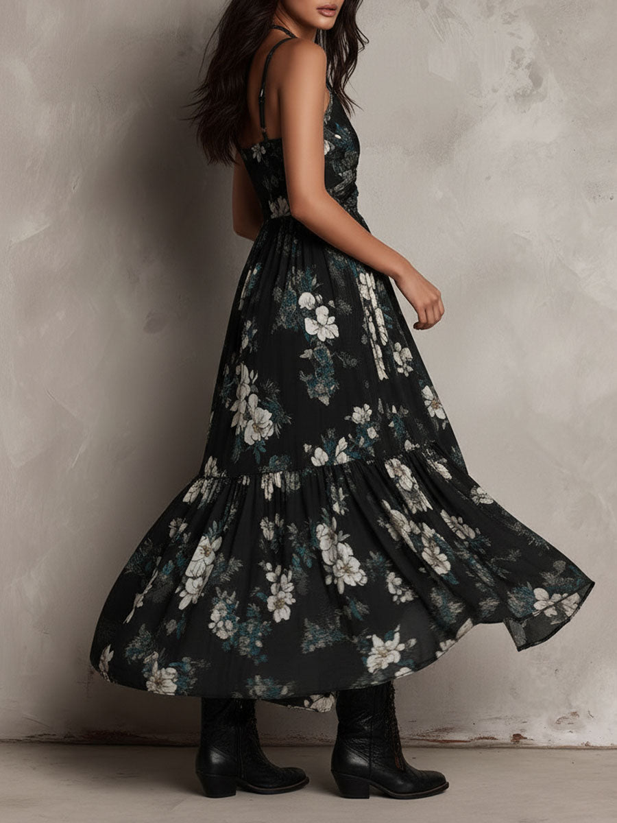 Black Bohemian Floral Print Irregular Strapless Maxi Dress