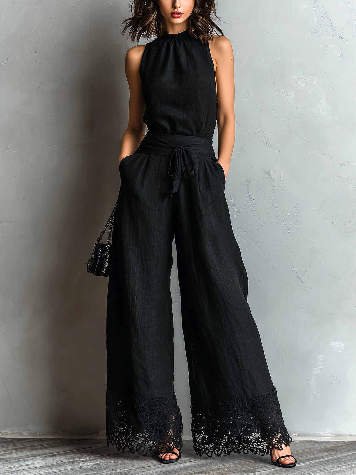 Avery | Faux Cotton-Linen Halter Vest & Wide-Leg Pants Set