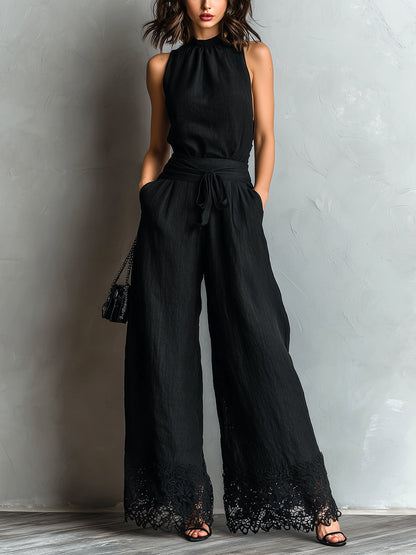 Avery | Faux Cotton-Linen Halter Vest & Wide-Leg Pants Set