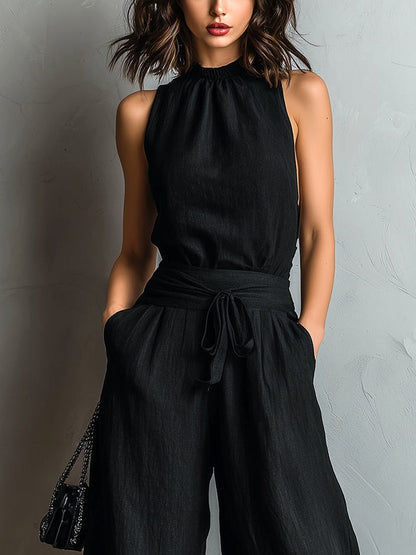 Avery | Faux Cotton-Linen Halter Vest & Wide-Leg Pants Set