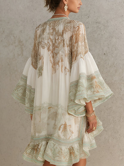 Green Print Ruffle Hem Flounce Sleeve Chiffon Mini Dress