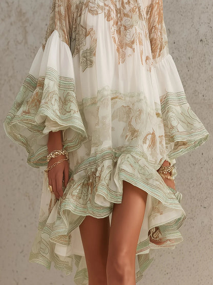 Green Print Ruffle Hem Flounce Sleeve Chiffon Mini Dress