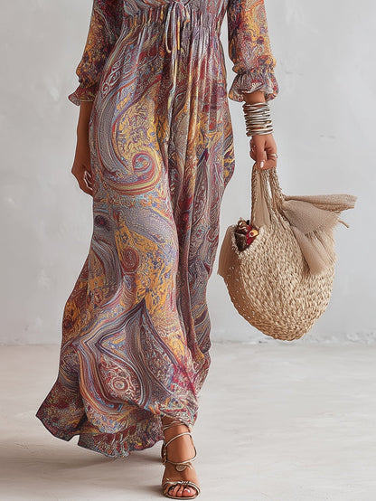 Paisley Print V-neck Gathered Chiffon Maxi Dress