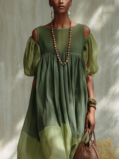 Green Chiffon Off Shoulder Short Sleeve Midi Dress