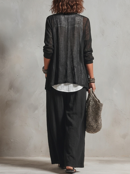 Monique | Three-Piece Set: Chiffon Layered Cardigan & High-Waist Wide-Leg Pants