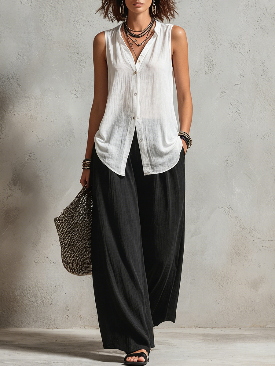 Monique | Three-Piece Set: Chiffon Layered Cardigan & High-Waist Wide-Leg Pants