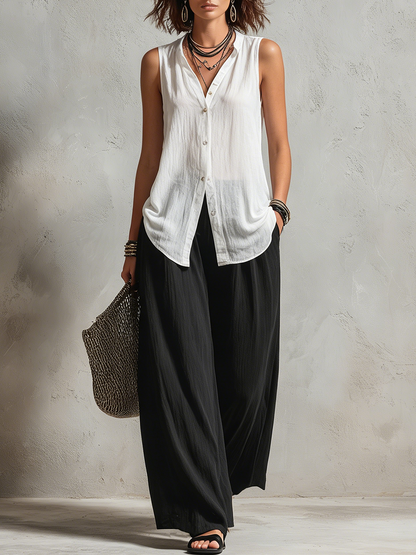 Monique | Three-Piece Set: Chiffon Layered Cardigan & High-Waist Wide-Leg Pants