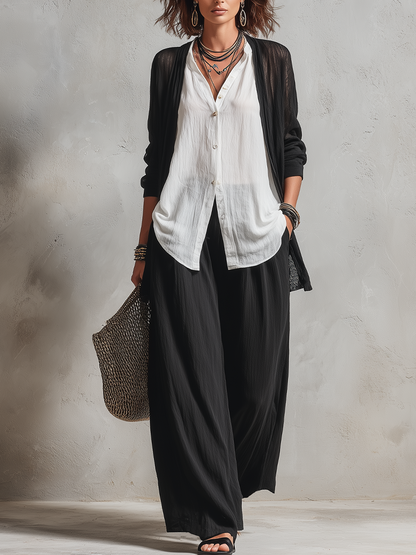 Monique | Three-Piece Set: Chiffon Layered Cardigan & High-Waist Wide-Leg Pants
