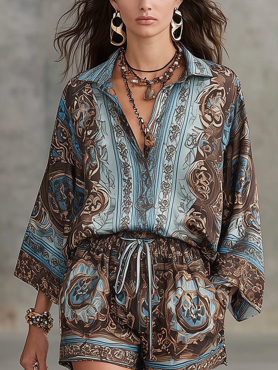 Serena | Button-Down Shirt & Drawstring Shorts, Baroque Print