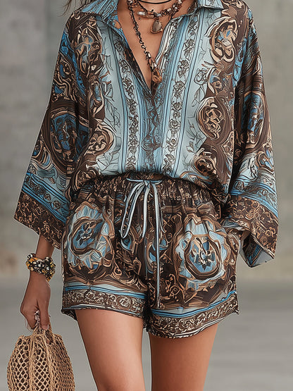 Serena | Button-Down Shirt & Drawstring Shorts, Baroque Print