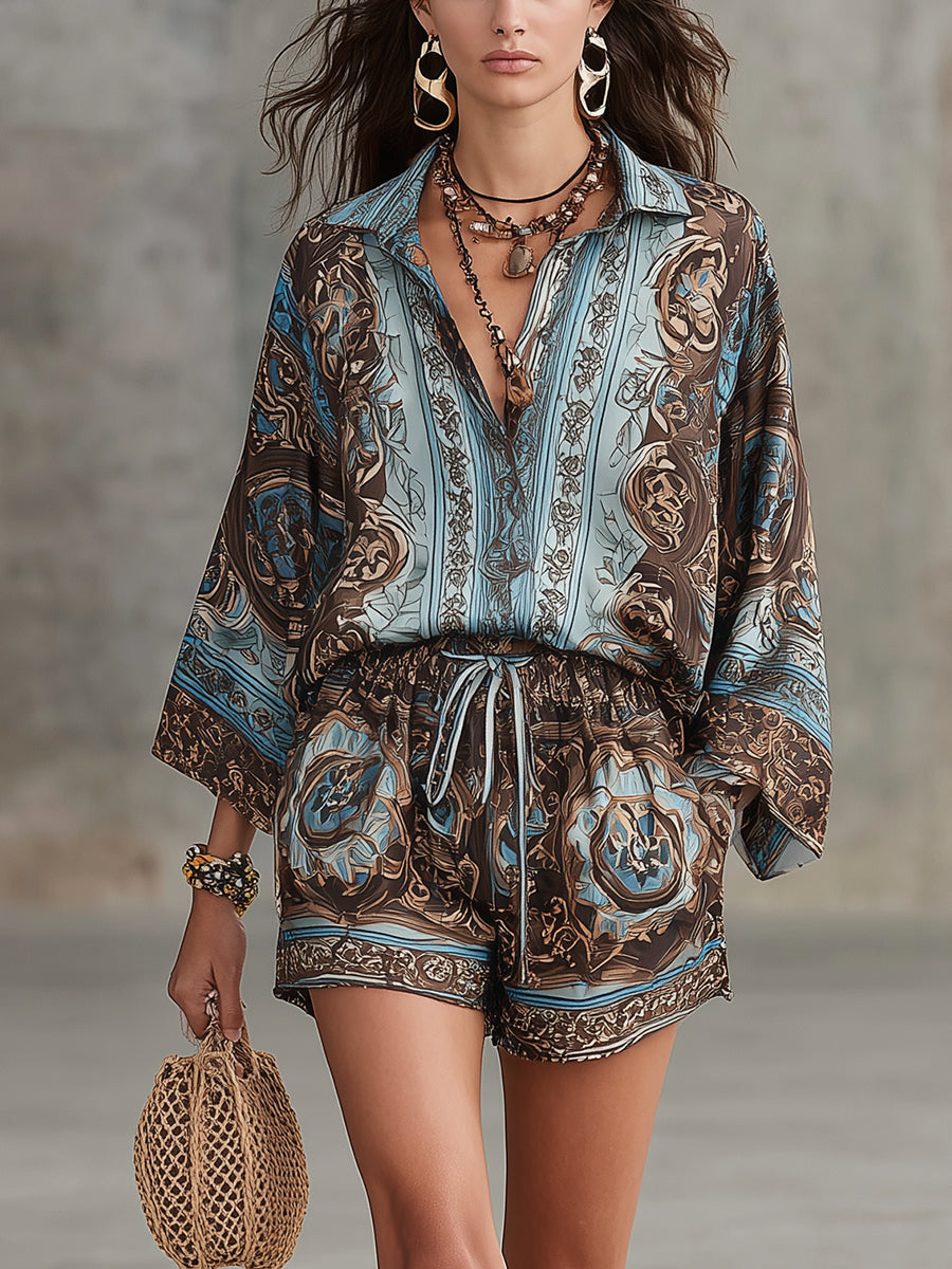 Serena | Button-Down Shirt & Drawstring Shorts, Baroque Print