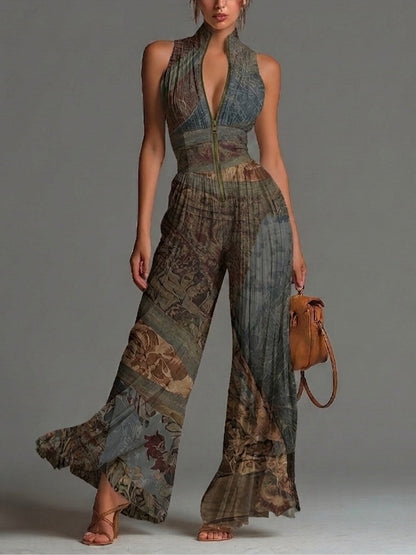 Bohemian Ethnic Print Sleeveless Zipper Pleated Wide-leg Chiffon Jumpsuit