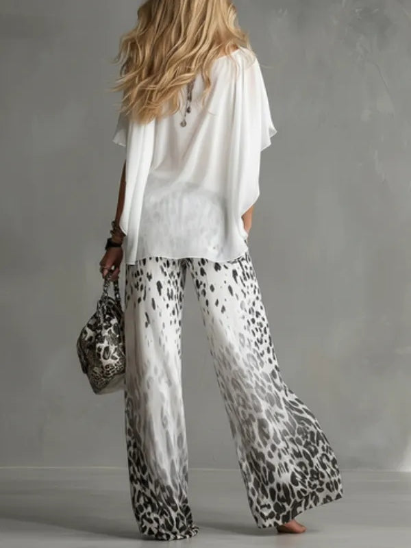 Monica | Boat-Neck T-Shirt & Gradient Leopard Chiffon Pants Set