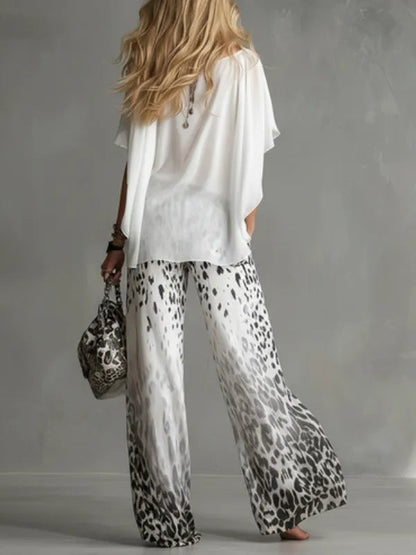 Monica | Boat-Neck T-Shirt & Gradient Leopard Chiffon Pants Set