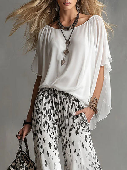 Monica | Boat-Neck T-Shirt & Gradient Leopard Chiffon Pants Set