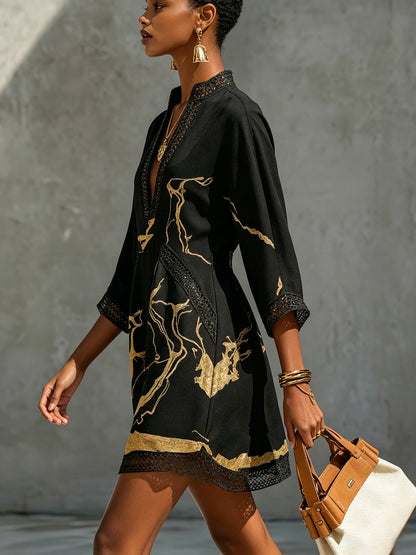 Ébène | Black & Gold V-Neck Mini Dress
