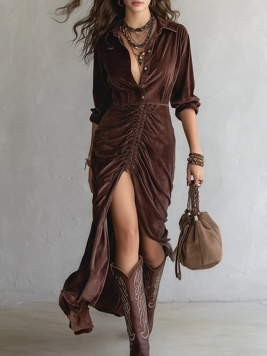 Pleated Velvet Midi Dress