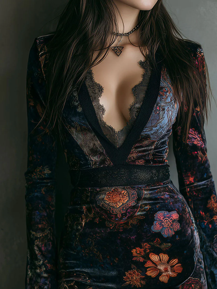 Minivestido ajustado de terciopelo con cuello en V, estampado floral y ribete de encaje