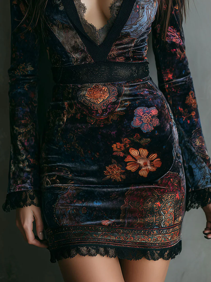 Minivestido ajustado de terciopelo con cuello en V, estampado floral y ribete de encaje
