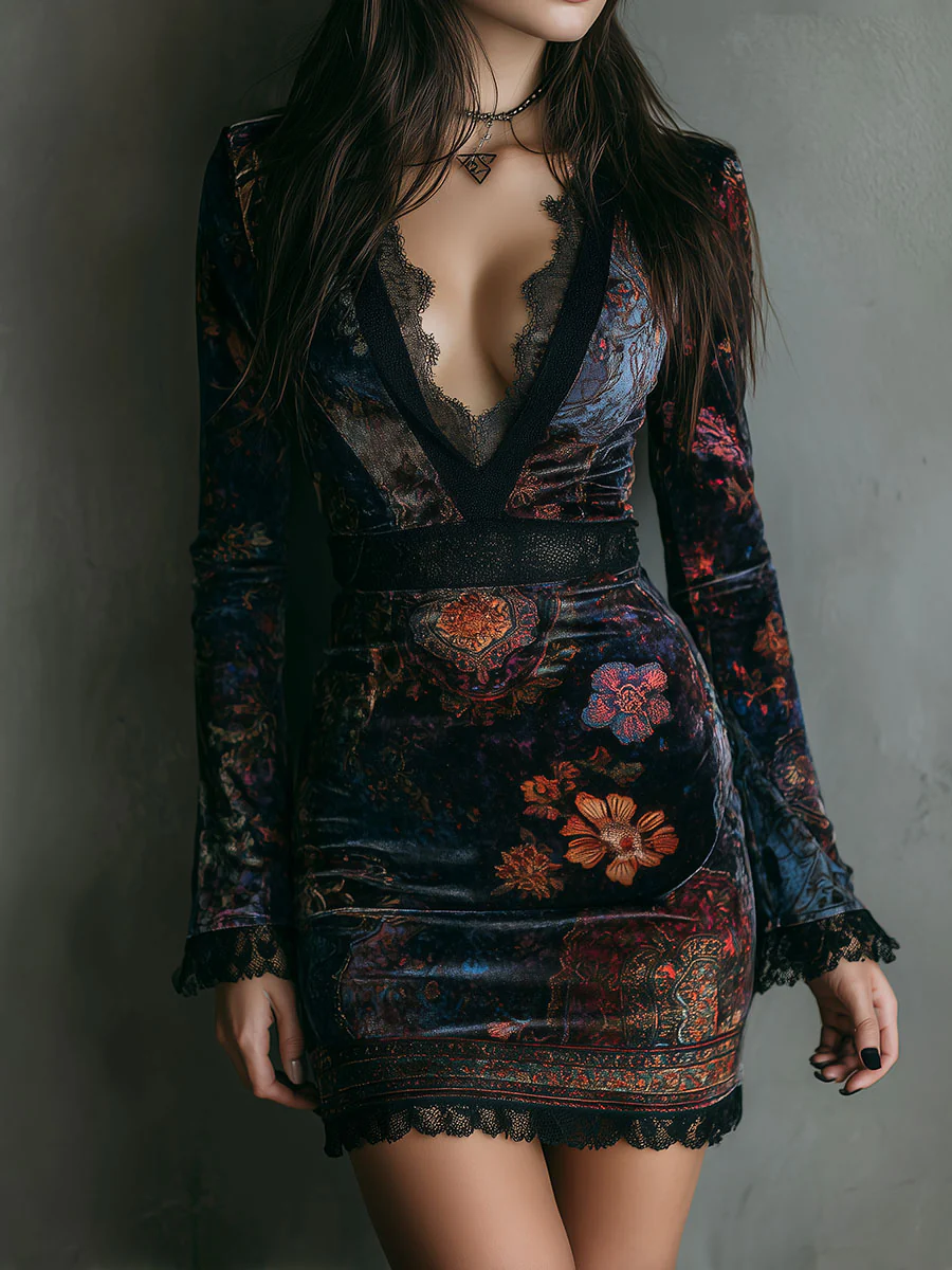 Minivestido ajustado de terciopelo con cuello en V, estampado floral y ribete de encaje