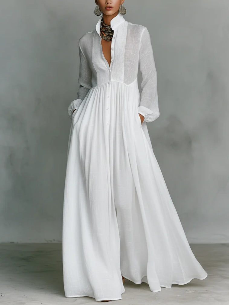 Léonie - Minimalist Maxi Dress with Stand-Up Collar